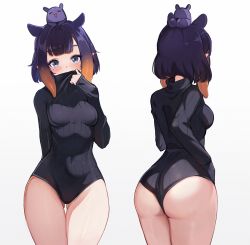 Rule 34 | 1girl, ass, blue eyes, blush, covering own mouth, gluteal fold, highres, hololive, hololive english, koahri, leotard, looking at viewer, medium hair, mole, mole under eye, multicolored hair, multiple views, ninomae ina&#039;nis, orange hair, pointy ears, purple hair, short hair, simple background, sweater, takodachi (ninomae ina&#039;nis), tentacle hair, thigh gap, thighs, turtleneck, virtual youtuber, wedgie, white background