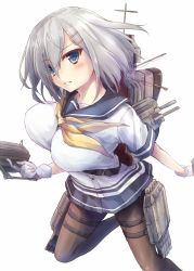 Rule 34 | 10s, 1girl, blue eyes, bouncing breasts, breasts, gun, hair ornament, hairclip, hamakaze (kancolle), highres, kantai collection, large breasts, pantyhose, personification, school uniform, serafuku, short hair, silver hair, sketch, solo, suien, weapon, white background