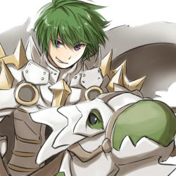 Rule 34 | 1boy, armor, barding, breastplate, cape, commentary request, dragon, ferus (ragnarok online), gauntlets, green hair, grey cape, grin, looking at viewer, natsuya (kuttuki), pauldrons, purple eyes, ragnarok online, rune knight (ragnarok online), short hair, shoulder armor, simple background, smile, spiked pauldrons, upper body, white background