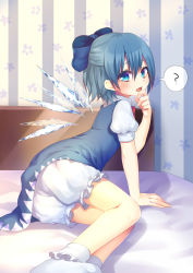 Rule 34 | 1girl, ?, asagi yuna, bad id, bad pixiv id, bloomers, blue eyes, blue hair, blush, bobby socks, bow, cirno, dress, hair bow, hand on own chin, highres, ice, ice wings, looking at viewer, matching hair/eyes, open mouth, short hair, socks, solo, touhou, underwear, white bloomers, white socks, wings