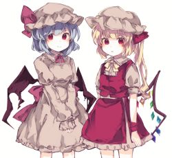 Rule 34 | 2girls, ascot, bat wings, blonde hair, blue hair, bow, braid, closed mouth, cowboy shot, crystal, dress, flandre scarlet, frilled skirt, frills, hair between eyes, hat, hat ribbon, highres, joou heika (precare deum), long sleeves, looking at viewer, mob cap, multiple girls, pink dress, puffy sleeves, red bow, red eyes, red ribbon, red vest, remilia scarlet, ribbon, ribbon trim, shirt, short hair, short sleeves, siblings, side ponytail, simple background, sisters, skirt, smile, touhou, vampire, vest, white background, white shirt, wings, yellow ascot