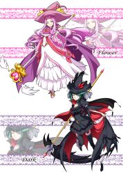 Rule 34 | 2girls, absurdres, adapted costume, alternate costume, black cape, black dress, black thighhighs, cape, character name, choker, commentary request, cure flower, dark precure, dress, earrings, eyelashes, frilled dress, frills, green hair, hair ornament, hanasaki kaoruko, happy, hat, heartcatch precure!, highres, holding, holding scythe, jewelry, large hat, long hair, looking at viewer, magical girl, mahou girls precure!, matatabi (karukan222), multiple girls, one eye closed, pink cape, pink eyes, pink hair, precure, puffy short sleeves, puffy sleeves, red cape, scythe, short hair, short sleeves, smile, staff, standing, thighhighs, thighs, two-tone cape, witch, witch hat, wrist cuffs