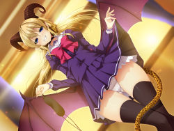 Rule 34 | 1girl, :d, animal print, black choker, black thighhighs, blazer, blonde hair, blue eyes, blue jacket, blue skirt, blurry, blurry background, blush, bokeh, bow, bowtie, breasts, buttons, cameltoe, choker, clothes lift, collarbone, crotch seam, curled horns, demon girl, demon horns, demon wings, depth of field, dutch angle, floating hair, from below, gluteal fold, grin, hair ornament, hair scrunchie, half-closed eyes, highres, holding, horns, indoors, jacket, juliet sleeves, long hair, long sleeves, looking at viewer, looking down, low twintails, medium breasts, miniskirt, open mouth, original, panties, pink bow, pink bowtie, pleated skirt, puffy sleeves, sailor collar, school uniform, scrunchie, sidelocks, skirt, skirt lift, sleep mask, smile, solo, standing, tail, teeth, thighhighs, thighs, tiger print, tiger tail, twintails, underwear, white panties, white sailor collar, wings, yellow scrunchie, yu-ta