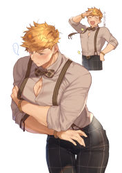 Rule 34 | 1boy, ^ ^, bara, blonde hair, blush, brown pants, brown shirt, bulge, bursting pectorals, chibi, closed eyes, covering privates, covering chest, cowboy shot, cropped legs, embarrassed, granblue fantasy, green eyes, higashigunkan, male focus, muscular, open clothes, open shirt, pants, partially unbuttoned, pectoral cleavage, pectorals, rolling sleeves up, salute, shirt, short hair, suspenders, thick thighs, thighs, vane (granblue fantasy)
