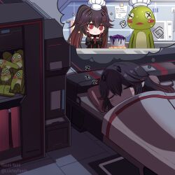 Rule 34 | 1girl, absurdres, bed, bedroom, black dress, black hair, black jacket, chibi, closet, cooking, dreaming, dress, fake horns, gradient hair, hair between eyes, hair ornament, highres, horns, jacket, lucia: plume (punishing: gray raven), microwave, multicolored hair, naomi nami, parted bangs, punishing: gray raven, red hair, sleeping, small horns, solo, striped, stuffed animal, stuffed frog, stuffed toy, sweatdrop, twintails, under covers, x hair ornament, zzz