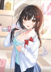 Rule 34 | 1girl, :d, bathroom, black hair, blue skirt, bottle, bowtie, brown eyes, collarbone, collared shirt, commentary request, cup, hair ornament, hair scrunchie, highres, long sleeves, looking at viewer, medium hair, mirror, open mouth, original, pleated skirt, red neckwear, scrunchie, second-party source, shirt, sink, skirt, smile, solo, tan (tangent), textless version, toothbrush, towel, undone bowtie, white shirt