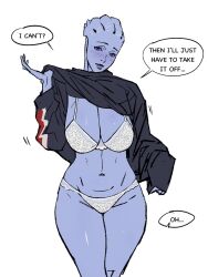 Rule 34 | 1girl, alien, asari (mass effect), black sweater, blue eyes, blue hair, blue skin, borrowed clothes, bra, breasts, cbb (tuucoo), cleavage, clothes lift, colored skin, commentary request, english text, female pov, flirting, freckles, head tilt, highres, huge breasts, lace, lace-trimmed panties, lace panties, lace trim, liara t&#039;soni, lifted by self, lingerie, looking at viewer, loose clothes, mass effect (series), n7 hoodie, oversized clothes, panties, pov, purple lips, short hair, sleeves past wrists, solo, spaghetti strap, speech bubble, standing, sweater, sweater lift, tentacle hair, underwear, white bra, white panties