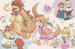 Rule 34 | !?, 1-up mushroom, 2boys, 2girls, :t, bad id, bad pixiv id, blonde hair, blue eyes, blush, bowsette, bracelet, breasts, breath weapon, breathing fire, c-c (lasshenge), cake, cleavage, closed eyes, collar, cowboy shot, crown, dress, drooling, eating, facial hair, fire, food, furry, glowing, grey panties, hair between eyes, hand on own hip, hat, highres, horns, jewelry, long hair, lord peach, mario, mario (series), multiple boys, multiple girls, mushroom, mustache, navel, nintendo, no nipples, nude, one eye closed, open mouth, overalls, pancake, pancake stack, panties, pantyshot, pointy ears, princess peach, red eyes, red hair, role reversal, scales, spiked bracelet, spiked collar, spikes, standing, super crown, super mario bros. 1, surprised, teeth, thighs, toad (mario), tongue, tongue out, torn clothes, transformation, underwear, very long hair