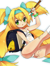 Rule 34 | 1girl, backpack, bad id, bad pixiv id, bag, bandaid, bandaid on knee, bandaid on leg, blazblue, blonde hair, flute, green eyes, hairband, heart, heart-shaped pupils, holding flute, holding instrument, instrument, kneehighs, legs, long hair, looking at viewer, name tag, one-piece swimsuit, platinum the trinity, quad tails, randoseru, recorder, ribbon, school swimsuit, simple background, sitting, socks, solo, swimsuit, symbol-shaped pupils, twintails, very long hair, white background, white one-piece swimsuit, white school swimsuit