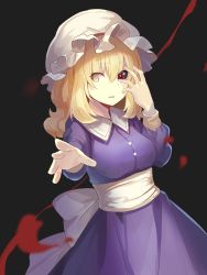 Rule 34 | 1girl, black background, black sclera, blonde hair, breasts, colored sclera, commentary request, cowboy shot, dress, falken (yutozin), hair between eyes, hand up, hat, heterochromia, highres, long hair, long sleeves, looking at viewer, maribel hearn, medium breasts, mismatched sclera, one-hour drawing challenge, parted lips, purple dress, reaching, reaching towards viewer, red eyes, sash, simple background, solo, standing, touhou, white hat, white sash, yellow eyes
