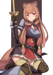 Rule 34 | 1girl, animal ear fluff, animal ears, arm support, armor, belt, black dress, black gloves, blush, boots, breastplate, breasts, brown background, brown footwear, brown hair, commentary, cross-laced footwear, dress, feet out of frame, gauntlets, gloves, greaves, hand up, highres, kusubii, lace-up boots, long hair, looking at viewer, medium breasts, neck ribbon, petticoat, raccoon ears, raccoon girl, raccoon tail, raphtalia, red eyes, red ribbon, ribbon, scabbard, sheath, sheathed, short dress, sidelocks, sitting, smile, solo, sword, tail, tate no yuusha no nariagari, thigh boots, thighhighs, two-tone background, weapon, white background, yokozuwari