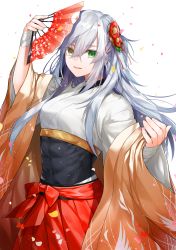 Rule 34 | 1girl, abs, arm up, bandages, breasts, commentary request, covered navel, cowboy shot, eyes visible through hair, flower ornament, green eyes, hair between eyes, hair ornament, hakama, hakama skirt, hand fan, hand up, heterochromia, highres, japanese clothes, long hair, looking at viewer, messy hair, muscular, muscular female, new year, open mouth, original, petals, ribs, shiny skin, sidelocks, silver hair, skin tight, skirt, small breasts, smile, solo, waka (shark waka), wide sleeves, yellow eyes