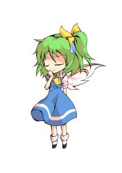 Rule 34 | 1girl, ascot, black footwear, blue dress, bow, chibi, closed eyes, closed mouth, collar, collared shirt, dairi, daiyousei, dress, fairy wings, full body, green hair, hair between eyes, hair bow, hand on own face, hand up, ponytail, puffy short sleeves, puffy sleeves, shaded face, shirt, shoes, short hair, short ponytail, short sleeves, simple background, socks, solo, standing, tachi-e, touhou, transparent background, white background, white shirt, white sleeves, white socks, wings, yellow ascot, yellow bow