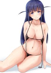 Rule 34 | 1girl, arm at side, arm behind back, arm support, bare arms, bare legs, bare shoulders, bikini, black bikini, blue hair, blunt bangs, blunt ends, blush, breasts, cleavage, collarbone, commentary request, covered erect nipples, foot out of frame, gaditava, grin, halterneck, large breasts, long hair, looking at viewer, micro bikini, navel, parted lips, shadow, shoujo kageki revue starlight, sidelocks, simple background, sitting, smile, solo, stomach, string bikini, swimsuit, tsuyuzaki mahiru, two side up, untied bikini, water drop, wet, wet hair, white background, yokozuwari