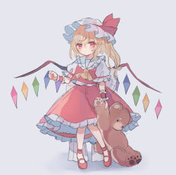 Rule 34 | 1girl, ascot, bat wings, blonde hair, crystal, flandre scarlet, full body, hat, hat ribbon, hiyuu (hiyualice), mob cap, multicolored wings, one side up, puffy short sleeves, puffy sleeves, red eyes, red footwear, red skirt, red vest, ribbon, short sleeves, side ponytail, skirt, skirt set, solo, stuffed animal, stuffed toy, teddy bear, touhou, vest, white hat, wings, yellow ascot
