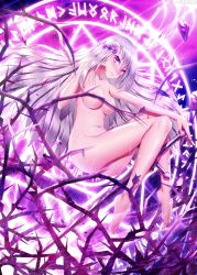 Rule 34 | 1girl, bare arms, bare legs, bare shoulders, barefoot, breasts, completely nude, eyebrows hidden by hair, feet, flower, grey hair, hair flower, hair ornament, hitomilook, legs, long hair, looking at viewer, lying, nude, official art, original, purple eyes, solo, toes