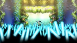 Rule 34 | 1girl, aqua eyes, aqua hair, audience, bare shoulders, commentary, detached sleeves, flower, flower wreath, frilled skirt, frills, glowstick, hatsune miku, leaf, long hair, matsuda toki, outstretched arms, penlight (glowstick), shirt, skirt, sleeveless, sleeveless shirt, spotlight, stadium, star (symbol), twintails, very long hair, vocaloid, wide shot