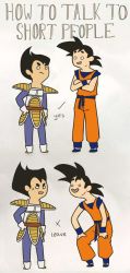 Rule 34 | 2boys, 2koma, :d, anger vein, annoyed, armor, black hair, blank eyes, boots, comic, crossed arms, d:, dougi, dragon ball, dragonball z, english text, frown, gloves, grey background, hand on own hip, happy, height difference, how to talk to short people (meme), kneeling, looking at another, looking up, male focus, meme, multiple boys, open mouth, short hair, simple background, smile, son goku, spiked hair, text focus, vegeta, wristband