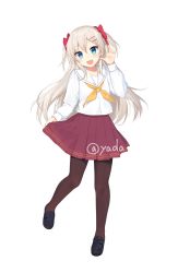 Rule 34 | 1girl, :d, black footwear, blue eyes, bow, box, brown pantyhose, copyright request, full body, gift, gift box, grey hair, hair between eyes, hair bow, hair ornament, hairclip, hand up, head tilt, highres, loafers, long hair, long sleeves, neckerchief, open mouth, pantyhose, pleated skirt, red bow, red skirt, sailor collar, school uniform, serafuku, shirt, shoes, skirt, skirt hold, smile, solo, standing, standing on one leg, transparent background, twitter username, two side up, very long hair, white sailor collar, white shirt, yada (xxxadaman), yellow neckerchief