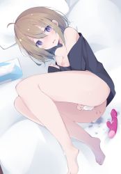 Rule 34 | 1girl, after masturbation, ahoge, ass, bare shoulders, barefoot, bed sheet, black shirt, blush, bottomless, breasts, brown hair, commentary request, dildo, female masturbation, hair between eyes, highres, kyuukon (qkonsan), long sleeves, looking at viewer, lying, masturbation, nipples, off shoulder, on side, original, parted lips, pillow, purple eyes, rabbit vibrator, sex toy, shirt, sleeves past wrists, small breasts, solo, sweat, tissue, tissue box, vibrator