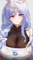 Rule 34 | 1girl, absurdres, animal ear fluff, animal ears, black bodysuit, blue hair, blush, bodysuit, bow, braid, braided ponytail, breasts, cleavage, dress, hair bow, highres, hololive, large breasts, long hair, looking at viewer, mature female, multicolored hair, neng meng, pekomama, rabbit-shaped pupils, rabbit ears, rabbit girl, red eyes, short eyebrows, smile, solo, streaked hair, symbol-shaped pupils, virtual youtuber, white bow, white dress, white hair