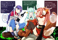 Rule 34 | 3girls, animal ears, animal hands, armlet, backless outfit, bare hips, bare shoulders, blush, bottle, breasts, cat ears, cat paws, cat tail, cleavage, closed eyes, cup, drinking, fate/grand order, fate (series), feet, hair ornament, hair ribbon, hand on own knee, holding, holding bottle, kiyohime (fate), log, long hair, looking at another, martha (fate), multiple girls, open mouth, ribbon, rock, sideboob, sitting, tail, talking, tamamo (fate), tamamo cat (fate), tamamo cat (first ascension) (fate), tamamo no mae (fate/extra), text focus, thighhighs, toes, translation request, wine bottle