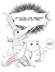 Rule 34 | 00s, 10s, all fours, cane, crossover, drawfag, english text, excalibur (soul eater), hard-translated, hat, highres, kyubey, mahou shoujo madoka magica, mahou shoujo madoka magica (anime), no humans, red eyes, riding, soul eater, sweat, third-party edit, top hat, translated, what