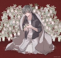 Rule 34 | 1boy, absurdres, barefoot, black shirt, blanket, closed mouth, collarbone, commentary request, flower, flower request, grey hair, grey pants, half-closed eyes, hand up, highres, holding, holding flower, huge filesize, kankara nashi, kneeling, looking at viewer, male focus, noise, original, pants, pieris japonica, red background, shirt, short hair, simple background, sleeves rolled up, solo, twitter username, white flower, white shirt