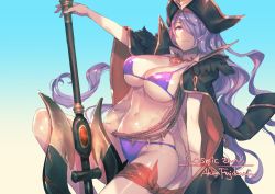 Rule 34 | 1girl, artist name, axe, bikini, breasts, camilla (fire emblem), cleavage, female focus, fire emblem, fujikawa arika, hair over one eye, hat, highres, large breasts, long hair, looking at viewer, micro bikini, navel, nintendo, open clothes, pirate, pirate hat, purple bikini, purple eyes, purple hair, smile, solo, stomach, swimsuit, underboob, weapon