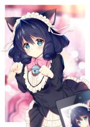 Rule 34 | 10s, 1girl, animal ears, bad id, bad pixiv id, bell, black dress, black hair, blue eyes, blurry, blush, bow, bowtie, cat ears, closed mouth, cyan (show by rock!!), depth of field, dress, drill hair, frilled dress, frills, hairband, jingle bell, lolita hairband, long sleeves, looking at viewer, necomi, paw pose, pink bow, pink bowtie, show by rock!!