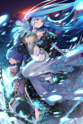 Rule 34 | 1boy, 1girl, bad id, bad pixiv id, blue eyes, blue hair, c.seryl, chain, character request, dress, evening gown, formal, fur, gem, holding, jewelry, long hair, luthica preventer, red eyes, short hair, sword, sword girls, twintails, weapon