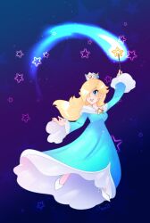 Rule 34 | 1girl, absurdres, arm up, blonde hair, blue background, blue dress, blue eyes, commission, crown, dress, hair over one eye, high heels, highres, long sleeves, looking up, mario (series), mini crown, nintendo, rosalina, signature, smile, solo, sparkle, star (sky), star (symbol), super mario galaxy, vergolophus, wand, white footwear