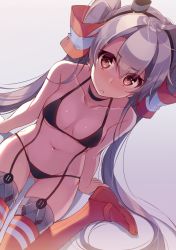 Rule 34 | 10s, 1girl, amatsukaze (kancolle), angry, bikini, black bikini, blush, breasts, brown eyes, choker, collarbone, from above, gluteal fold, gradient background, hair ornament, hairband, hat, kantai collection, kureaki (exit), long hair, looking at viewer, mini hat, navel, nose blush, red thighhighs, silver hair, simple background, sitting, small breasts, solo, suspenders, swimsuit, thighhighs, twintails, very long hair, wariza