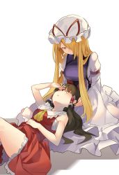 Rule 34 | 2girls, ;o, ascot, bare arms, bare shoulders, black hair, blonde hair, bow, commentary, falken (yutozin), frilled bow, frilled shirt collar, frills, hair bow, hair over one eye, hair tubes, hakurei reimu, hand on own stomach, hat, highres, lap pillow, long hair, looking at another, looking up, mob cap, multiple girls, one eye closed, open mouth, shirt, simple background, sleeveless, sleeveless shirt, smile, touhou, white background, wide sleeves, yakumo yukari, yellow 4, yellow ascot, yellow eyes, yuri