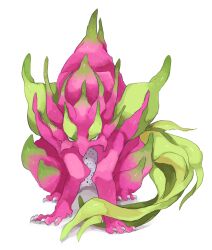 Rule 34 | absurdres, animal, animal focus, dragon, dragon fruit, food focus, full body, green eyes, highres, looking at viewer, no humans, omarumaru, original, pink theme, simple background, solo, white background