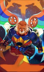 Rule 34 | 1boy, animal ears, bara, blue bodysuit, bodysuit, covered abs, facial hair, fate/grand order, fate (series), flag, from above, furry, furry male, large pectorals, light bulb, lion boy, lion ears, lion hair, looking at viewer, lovesheng1314, male focus, muscular, pectorals, rainbow gradient, short hair, solo, star (symbol), thomas edison (fate), white fur, white hair