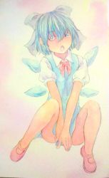Rule 34 | 1girl, acrylic paint (medium), blue eyes, blue hair, bow, chestnut mouth, cirno, covering privates, covering crotch, dress, full body, graphite (medium), hair between eyes, hair bow, highres, ice, ice wings, matching hair/eyes, no socks, open mouth, painting (medium), pink background, puffy short sleeves, puffy sleeves, red footwear, shoes, short hair, short sleeves, sitting, solo, touhou, traditional media, v arms, watercolor (medium), wings, yuyu (00365676)
