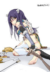 Rule 34 | 1girl, animal ears, arrow (projectile), ass, barefoot, blood, clenched teeth, feet, female focus, fingerless gloves, gloves, highres, injury, long hair, mos yen, no panties, one eye closed, princess connect!, purple hair, scratches, shiori (princess connect!), simple background, soles, solo, staff, teeth, toes, torn clothes, torn legwear, white background