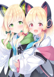 Rule 34 | 2girls, :d, absurdres, aqua necktie, blonde hair, blue archive, bow, collared shirt, commentary request, dot mouth, emimeku, green bow, green eyes, hair bow, highres, holding, holding pencil, long hair, long sleeves, looking at viewer, midori (blue archive), momoi (blue archive), multiple girls, necktie, open mouth, pencil, red bow, red eyes, shirt, siblings, sisters, smile, v-shaped eyebrows, white background, white shirt