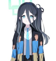 Rule 34 | 1girl, absurdly long hair, absurdres, aris (blue archive), black hair, black hairband, black skirt, blue archive, blue eyes, blue necktie, closed mouth, collared shirt, crayon shin-chan, green halo, hairband, halo, highres, long hair, looking at viewer, necktie, nohara hiroshi, ojin, pleated skirt, ringed eyes, shirt, simple background, skirt, smile, solo, upper body, very long hair, white background, white shirt