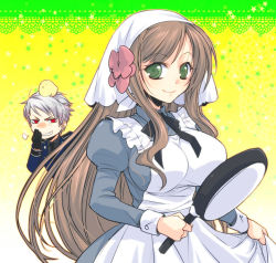Rule 34 | 1boy, 1girl, animal, animal on head, apron, axis powers hetalia, bird, black gloves, breasts, brown hair, dress, fang, flower, frying pan, gloves, green eyes, hair flower, hair ornament, hungary (hetalia), impossible clothes, juliet sleeves, large breasts, long sleeves, prussia (hetalia), puffy sleeves, red eyes, silver hair, skirt hold, sousui hani
