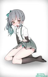Rule 34 | 10s, 1girl, arm support, arm warmers, bad id, bad twitter id, black socks, blush, bow, buttons, clothes lift, fang, full body, gradient background, grey hair, grey skirt, hair bow, highres, holding, inactive account, kantai collection, kasumi (kancolle), kneehighs, kneeling, legs, long hair, looking at viewer, mitsudoue, no shoes, open mouth, orange eyes, panties, pantyshot, pleated skirt, ponytail, shirt, side ponytail, skirt, skirt lift, socks, solo, striped clothes, striped panties, suspenders, thighs, underwear, white shirt