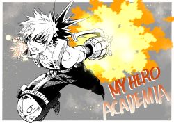Rule 34 | 1boy, bakugou katsuki, bare shoulders, boku no hero academia, clenched teeth, collarbone, copyright name, explosion, gloves, grey background, hair between eyes, highres, looking at viewer, male focus, natsupa, outstretched arm, pants, solo, tank top, teeth, two-tone background, white background
