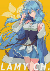 Rule 34 | 1girl, absurdres, ahoge, bad id, bad pixiv id, belt, beret, blue bow, blue bowtie, blue coat, blue hair, blue skirt, bow, bowtie, breasts, brown belt, character name, cleavage cutout, closed mouth, clothing cutout, coat, commentary, cowboy shot, dress, english commentary, floating hair, flower, frilled skirt, frills, fur-trimmed coat, fur trim, hair between eyes, hair flower, hair ornament, hand in own hair, hat, heart, heart ahoge, highres, hololive, large breasts, light blue hair, light smile, long hair, looking at viewer, miniskirt, off shoulder, open clothes, open coat, pleated skirt, pointy ears, sarasa dry, short dress, sideboob, simple background, skirt, sleeveless, sleeveless dress, smile, solo, underbust, very long hair, virtual youtuber, white dress, white hat, wide sleeves, yellow background, yellow eyes, yukihana lamy
