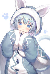 Rule 34 | 1girl, animal hood, blue eyes, blue hair, cape, cat girl, cat tail, fur-trimmed cape, fur-trimmed hood, fur-trimmed sleeves, fur trim, highres, hood, hood up, long sleeves, looking at viewer, monster hunter, monster hunter: world, monster hunter (series), open mouth, original, short hair, tail, tobi-kadachi (armor), topia, white background, wide sleeves
