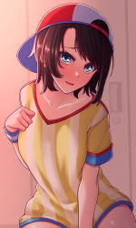 Rule 34 | 1girl, backwards hat, baseball cap, black hair, blue eyes, blush, breasts, collarbone, covering crotch, covering privates, female focus, hat, highres, hololive, looking at viewer, loose clothes, loose shirt, oozora subaru, oozora subaru (1st costume), open mouth, oversized clothes, oversized shirt, red hat, shirt, short hair, solo, striped clothes, striped shirt, sweatband, swept bangs, t-shirt, thighs, two-tone headwear, vertical-striped clothes, vertical-striped shirt, virtual youtuber, white hat, white shirt, wristband, yellow shirt, zellam