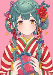 Rule 34 | 1girl, blue bow, bow, braid, candy, candy cane, christmas, closed mouth, flower, food, gift, green hair, hair bow, hair flower, hair ornament, highres, holding, holding gift, japanese clothes, kimono, original, pink background, red flower, smile, solo, star (symbol), star hair ornament, striped bow, striped clothes, striped kimono, twin braids, usamochi., yellow bow, yellow eyes