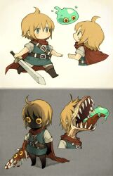 Rule 34 | 1boy, arm mounted weapon, belt, blonde hair, blue eyes, blue vest, boots, brown footwear, cape, crazy eyes, highres, holding, holding sword, holding weapon, maniani, monster boy, original, red cape, red pupils, sharp teeth, shirt, short hair, short sleeves, slime (substance), sweatdrop, sword, teeth, vest, weapon, white shirt, yellow eyes