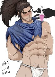 Rule 34 | 1boy, abs, absurdres, artist name, bara, beard, biceps, blush, bottle, bound, bound wrists, brown eyes, brown hair, facial hair, gloves, highres, league of legends, long hair, male focus, muscular, muscular male, navel, navel hair, nipples, pectorals, ponytail, scar, scar on face, scarf, thick eyebrows, veins, wyatt wu1020, yasuo (league of legends)