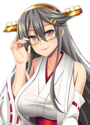 Rule 34 | 1girl, bespectacled, black hair, commentary request, detached sleeves, glasses, green-framed eyewear, hair ornament, hairband, hairclip, haruna (kancolle), headgear, highres, japanese clothes, kantai collection, lips, long hair, looking at viewer, militia minpei, ribbon-trimmed sleeves, ribbon trim, semi-rimless eyewear, simple background, smile, solo, under-rim eyewear, upper body, white background